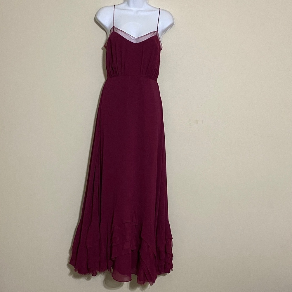 Watters Dove maxi Dress women 0 Elegant Burgundy gown event wedding ruffle hem - Picture 2 of 15
